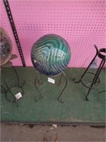 Blue ceramic gazing ball & stand