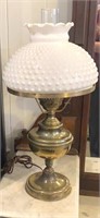 Brass lamp with white Hobnail shade