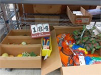 Basketball items, plastic fruit, art supplies