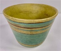 Glidden pottery bowl, blue, green, yellow rings,