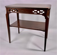 Walnut 2 level end table, tapered legs, pierced