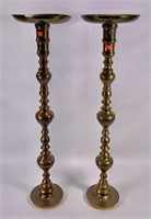 Pr. Tall brass candlesticks with wax trays, 32"