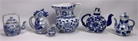 Blue and white china pitchers and teapots: