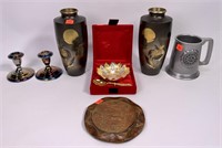 Cased rice bowl / 2 metal vases (one has dent) /
