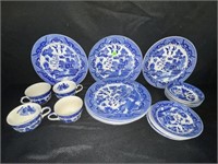 SET OF 21 FLOW BLUE PLATES, CUPS AND BOWLS JAPAN