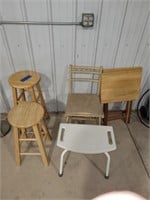 2 Wooden Stools, 2 Wooden TV Trays, Small Chair,