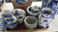 TRAY- BLUE AND WHITE VASES AND BOWLS