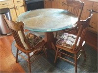 OAK PEDESTAL TABLE AND 3 PRESSED BACK OAK CHAIRS