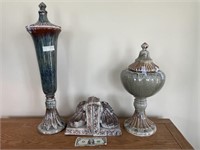Decoratve Bookends & 2 Lidded Urns