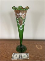 Vintage Green Handpainted Trumpet Vase