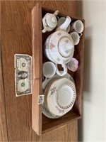 Wooden Tray with Assorted Chinaware