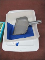 plastic tote, square Tupperware, dustpan