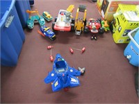 assorted toy vehicles with tote