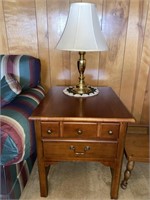 Nice Cherry 2 Drawer End Table With Brass Lamp
