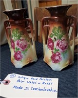 Pair hand painted vases roses Czechoslovakia
