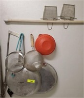 ASSORTED POTS AND PANS, MEAT SAW