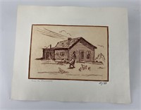 Ace Powell Etching Sepia tone Frontier Cabin