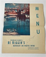 Joe DiMaggio Restaurant Menu SF California Signed
