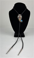 Navajo Turquoise Sterling Coral Bear Claw Bolo Tie