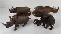 Carved African Wood Animals Rhinos and Elephant