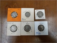 Collection of six Buffalo Nickels 1915-1936