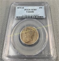 1875-H 25 cent coin, PCGS AG03, pièce de 25 cents