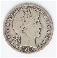 Coin 1913-P Barber Half Dollar In Very Good