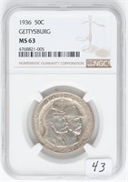 Coin 1936 Gettysburg Silver Half Dollar NGC MS 63