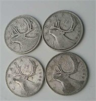 Four 1940's Canada Silver 25 Cent Coins