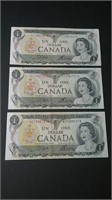 Three  1973 Canada Unc 1 Dollar Banknotes