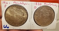 2 Morgan US silver dollars 1921 P 1880 O