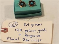 14k gold floral earrings turquoise & diamonds