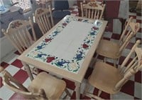 Sturdy oak dining table & 6 chairs inlaid art tile