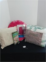 Hand crafted Quilt and laundry hamper and misc.