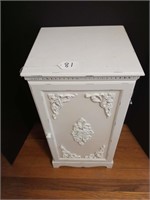 White 25" tall  victorian cabinet with misc.