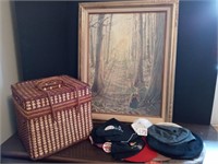 Wicker picnic basket, large picture and misc. hats
