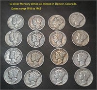 16 Mercury US Silver dimes ALL D MINT 1918-1945