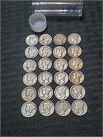 24 Mercury US Silver dimes all P mint 1940-1945