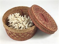 Woven Wooden Basket w/ Lid + Coral