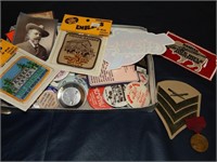 Flat of patches, and buttons cars, miltary etc.