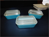 3 Blue Pyrex Refrigerator Dishes with lids