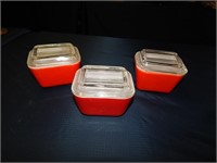 3 Red Pyrex Refridgerator Dishes with lids