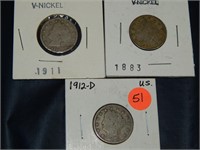3 V Nickels ... 1883 (no cents) 1911 1912 D
