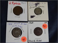 1866 & 68 Nickels, 1867 2 cent & 1873 3 cent