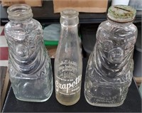 3 old Grapette bottles clown soda bank advertising