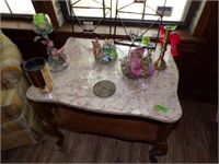 Marble top table with misc collectibles