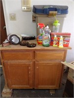 Oak cabinet with misc garage items