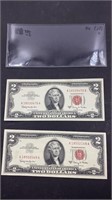 Pair of 1963 red seal $2 bills