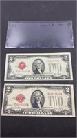 Lot of 2 1928 "red seal" $2 bills in their holder