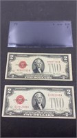 Lot of 2 1928 red seal $2 bills in holder